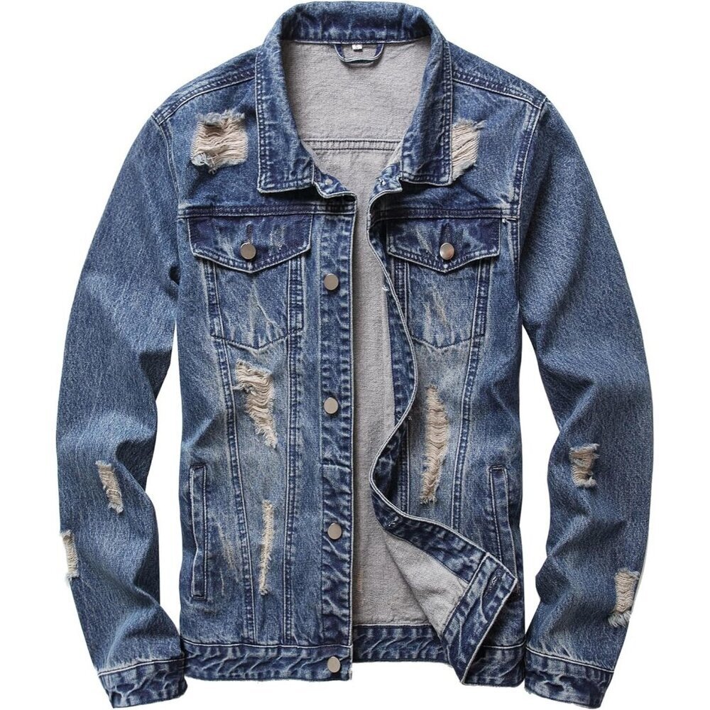 Men's Jean Jacket Distressed Denim Jacket Long Sleeve Button Down Dark Blue#01